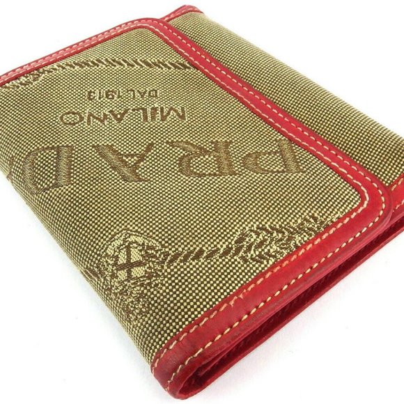 AUTH PRADA Three Folded Wallets Logo Jagade Beige Canvas ~ Leather - Picture 3 of 8